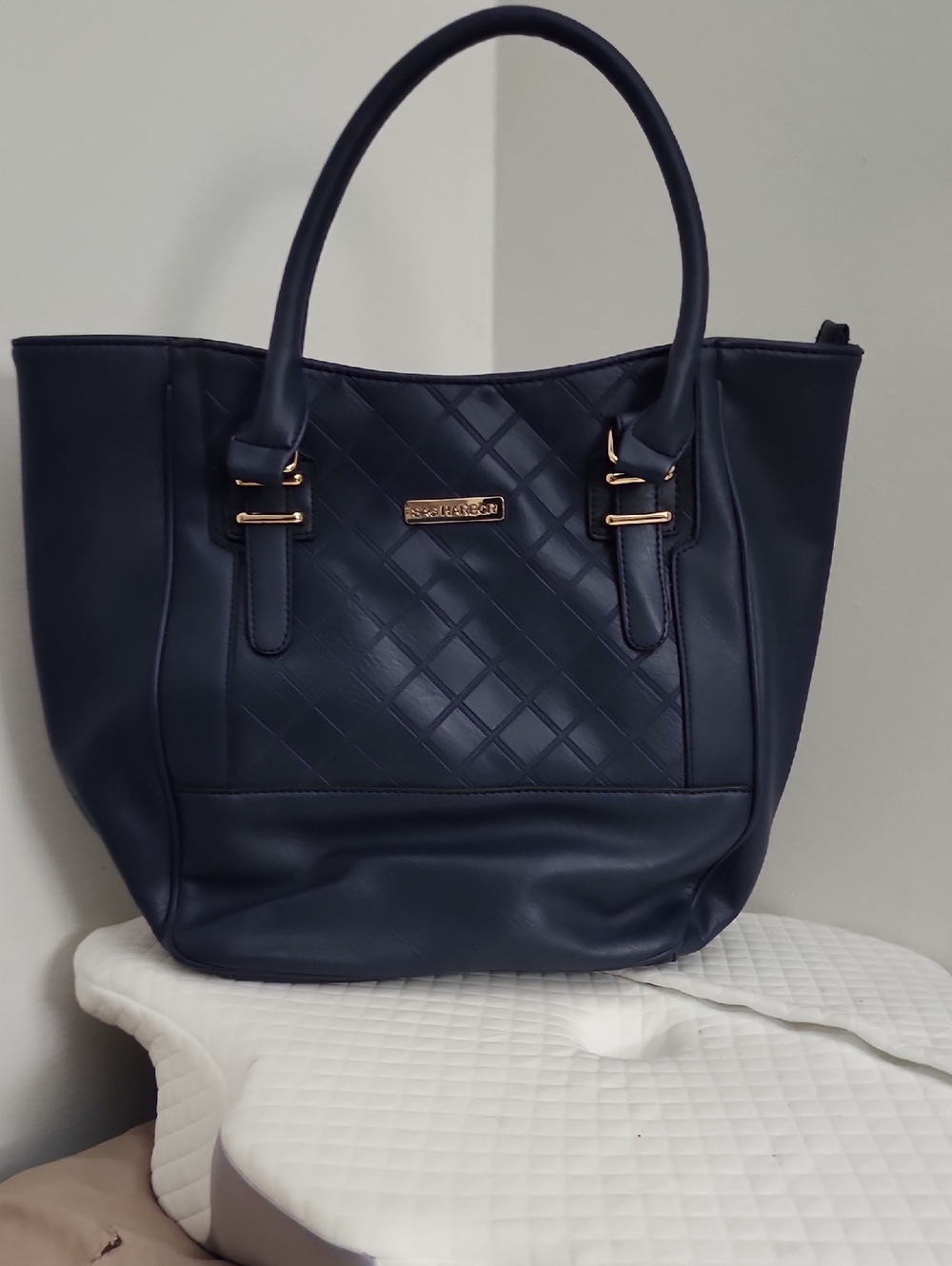 Quilted Navy Tote Bag with Gold Hardware - Women's Handbag